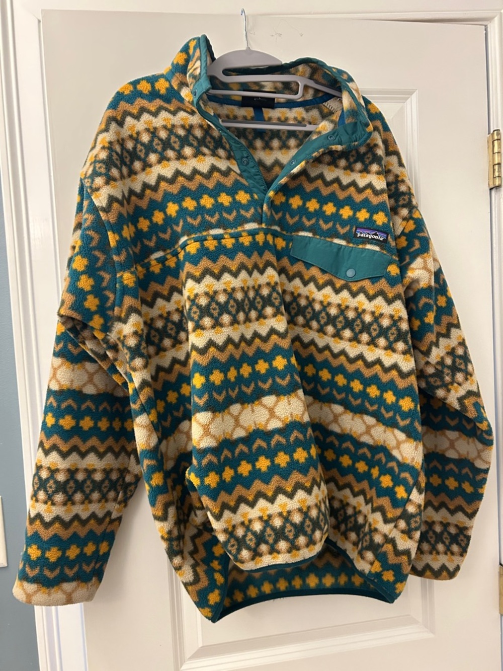Patagonia Teal, Mustard & Cream Patterned Fleece Pullover